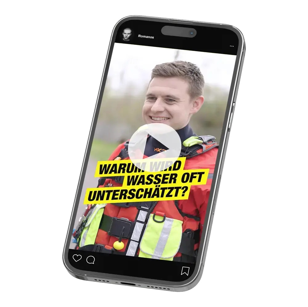 Das Bild zeigt ein Smartphone mit einer Videopreview des Interviews mit einem Kampagnengesicht der DLRG.