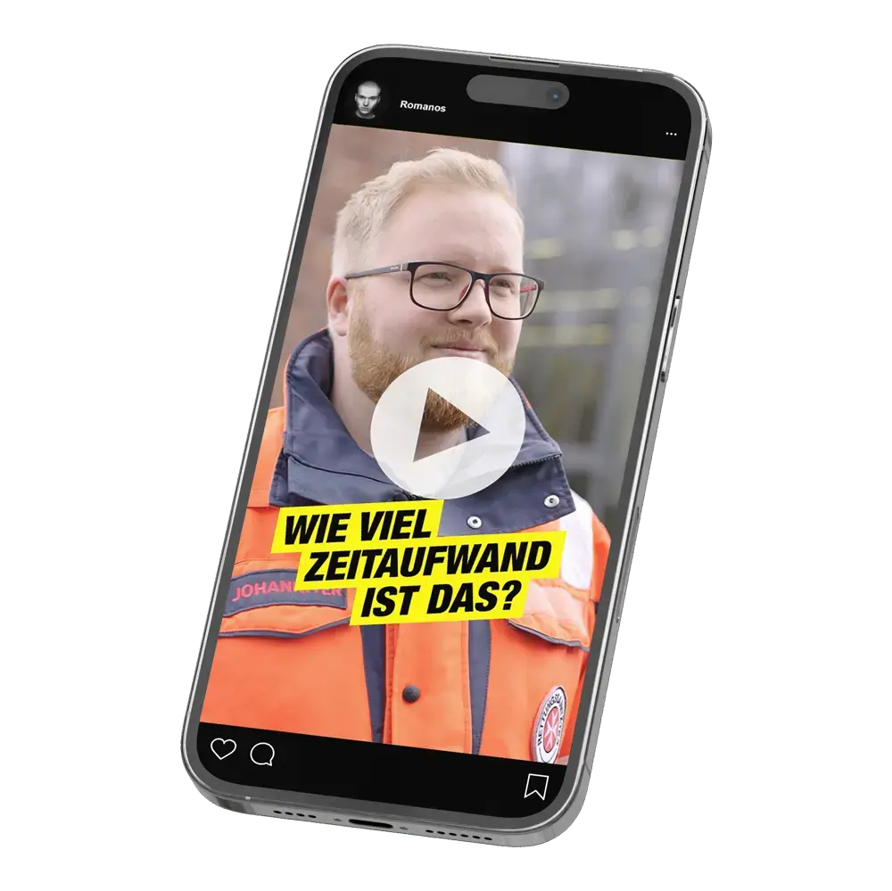 Das Bild zeigt ein Smartphone mit einer Videopreview des Interviews mit einem Kampagnengesicht von der JUH.