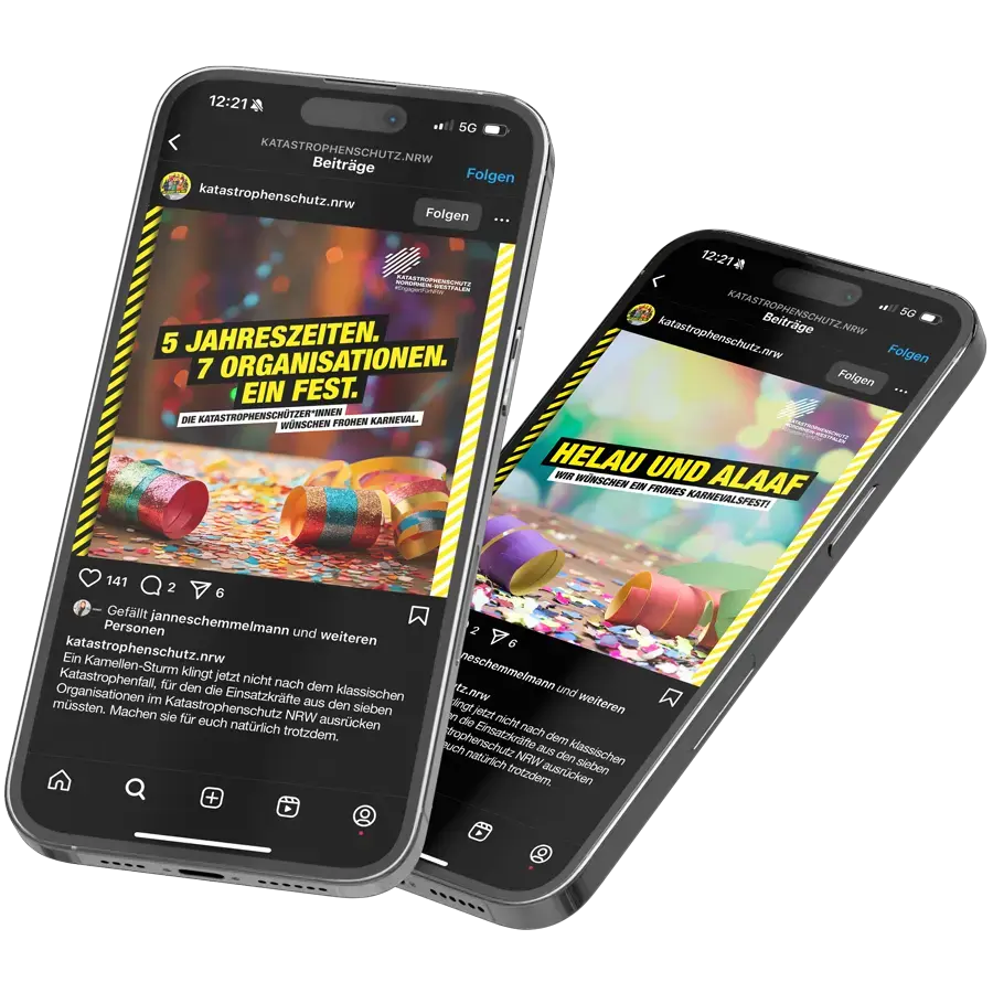 Zwei Smartphones, auf denen man die Karnevalspostings sieht.