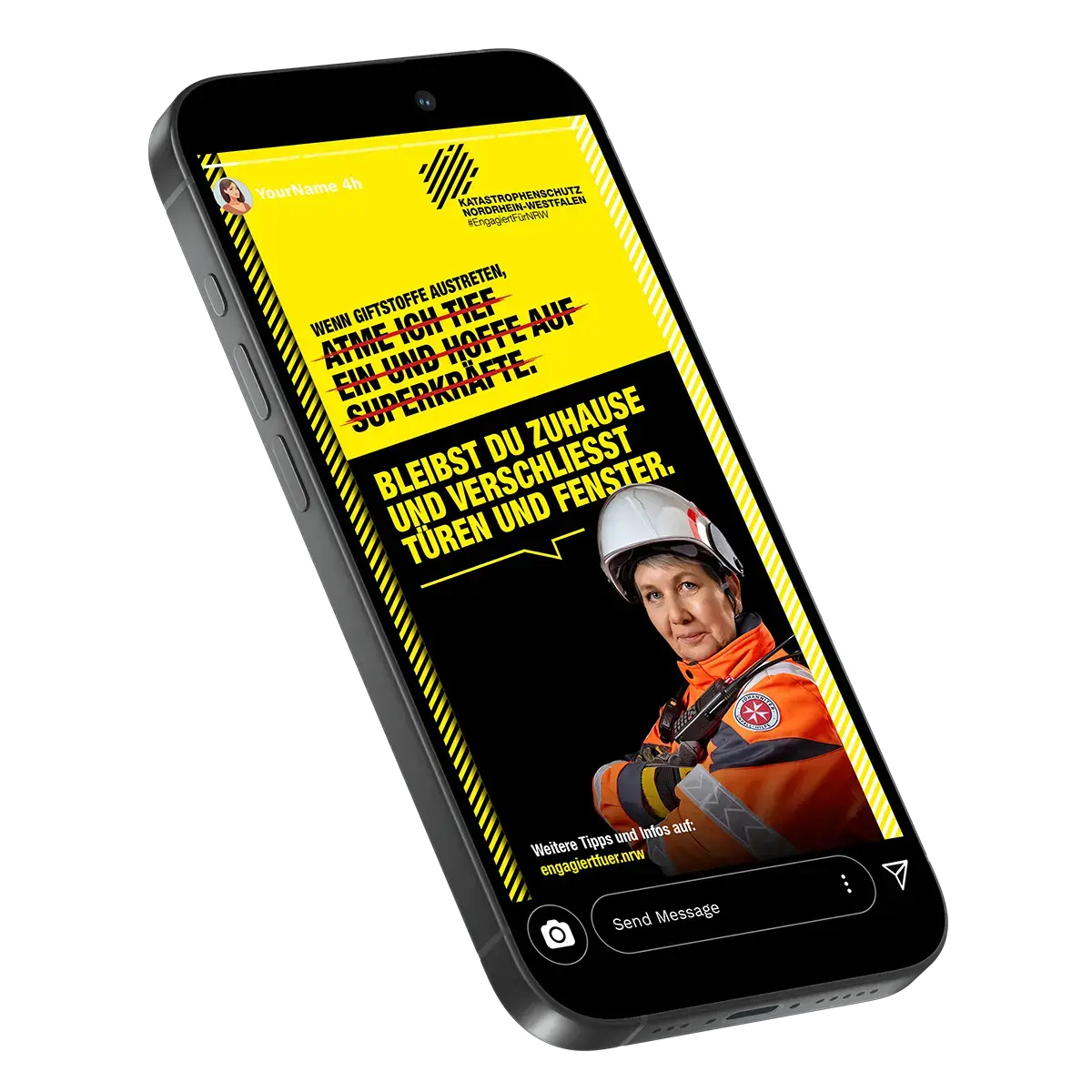 Das Bild zeigt Social Media Postings auf einem Handy mit einem Kampagnengesicht von der JUH.