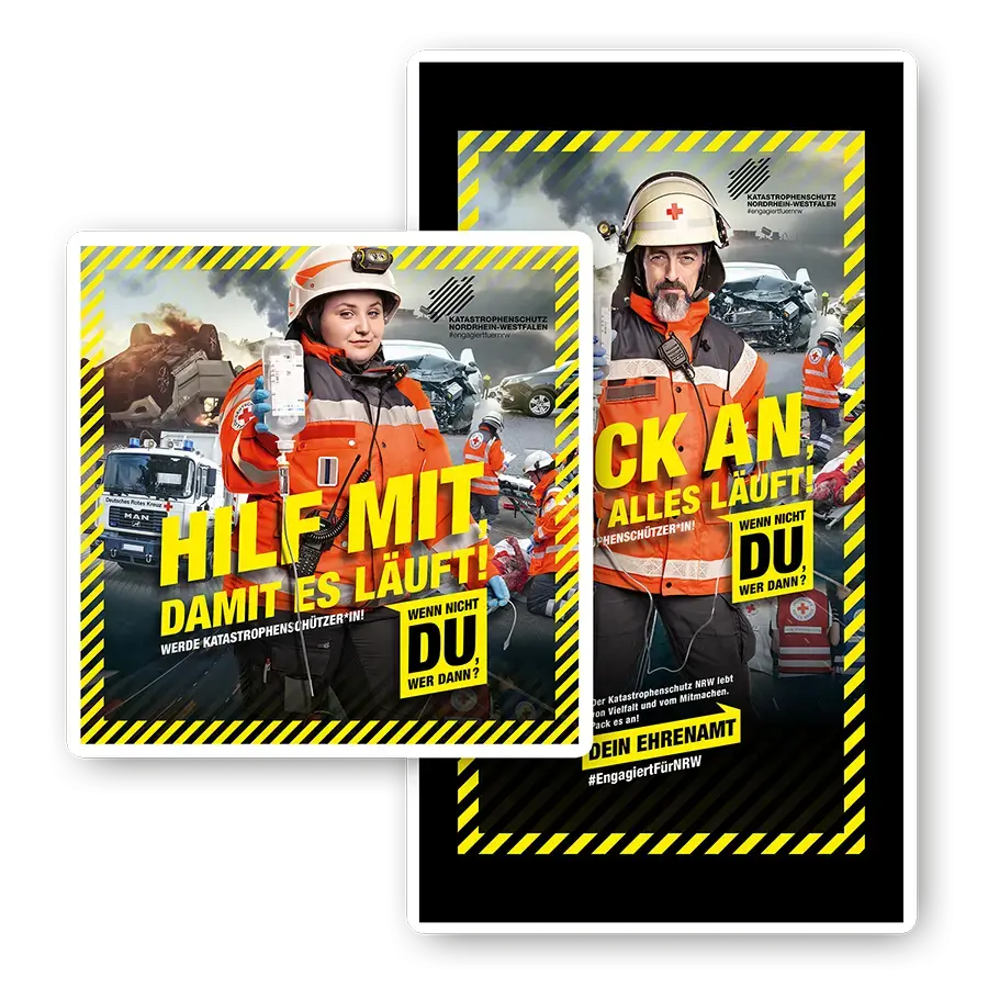 Das Bild zeigt Postingvarianten von zwei Ehrenamtlichen vom DRK.