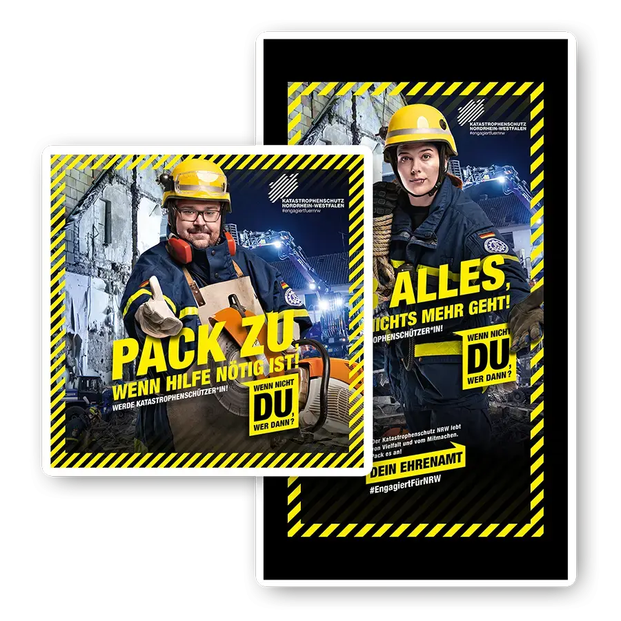 Das Bild zeigt Postingvarianten von zwei Ehrenamtlichen vom THW.