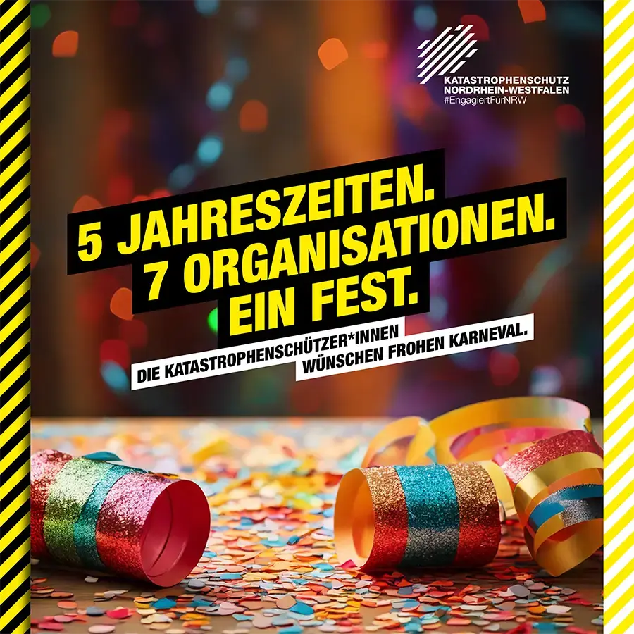 Ein Postingbild mit Konfetti und Luftschlangen. Der Text sagt 5 Jahreszeiten. 7 Organisationen. Ein Fest.