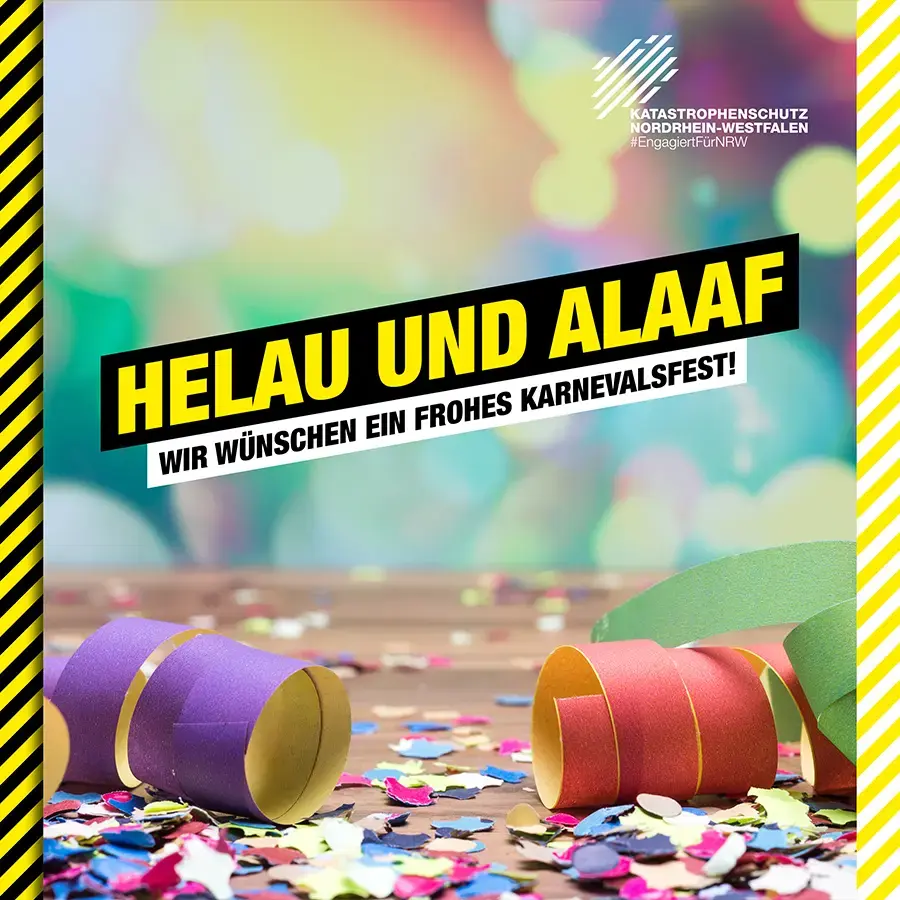 Ein Postingbild mit Konfetti und Luftschlangen. Der Text sagt &quot;HELAU UND ALAAF&quot;