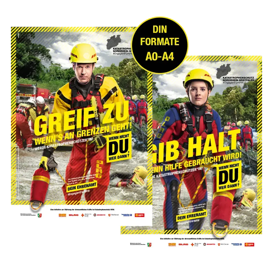 Das Bild zeigt Plakate von zwei Ehrenamtlichen von der DLRG.