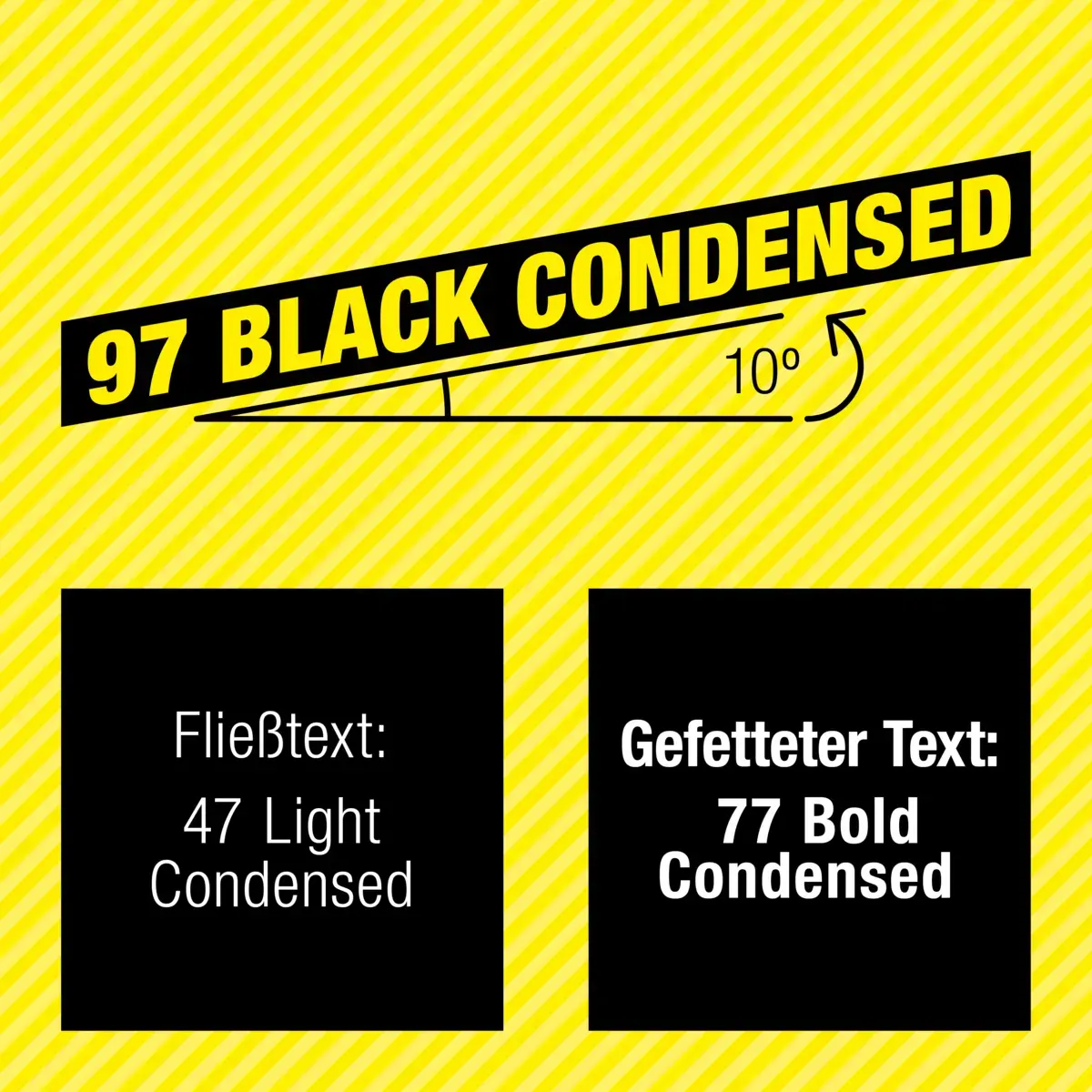 97 Black Condensed im 10°-Schriftwinkel. Fließtext: 47 Light Condensed. Gefetteter Text: 77 Bold Condensed.