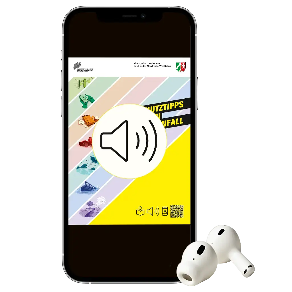 Ein Smartphone, auf dem man den Selbstschutzguide sieht. Daneben liegen Kopfhörer.