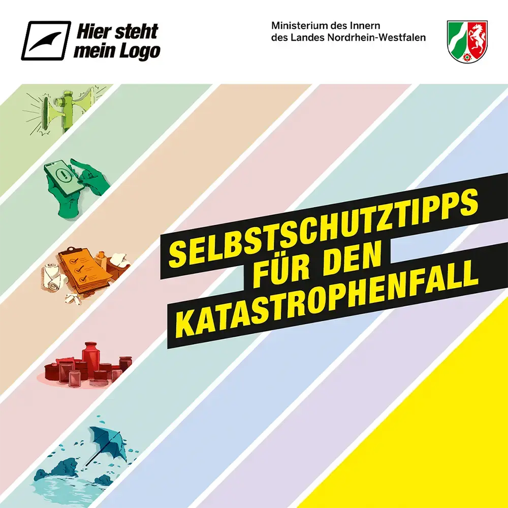 Das Cover des Selbstschutzguides. In der oberen linken Ecke sieht man das Feld, wo das Logo ausgetauscht werden kann.