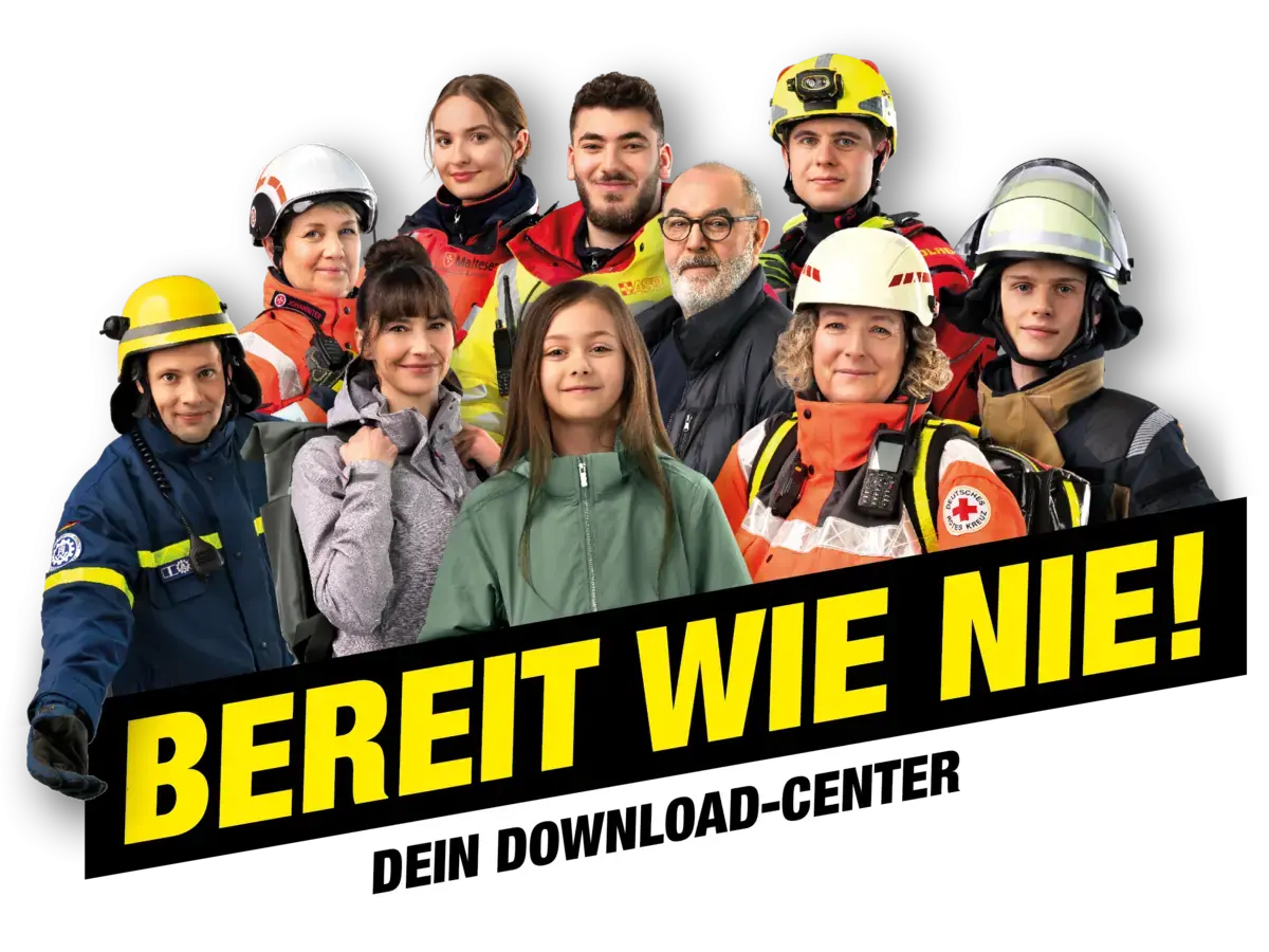 Bild mit Slogan und Katastrophenrettern: Bereit wie nie! Dein Download-Center: