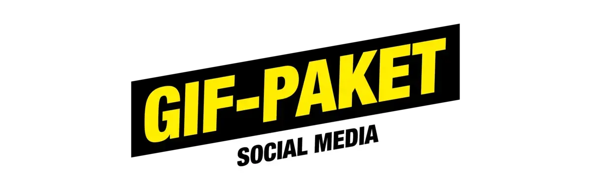 Das Bild zeigt ein Banner. In der oberen Zeile steht &quot;GIF-Paket&quot;, in der unteren &quot;Social Media&quot;.