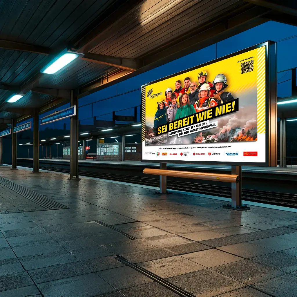 Das Bild zeigt einen Bahnsteig, an welchem ein Poster aufgehangen wurde. Auf dem Poster: Eine Gruppe aus Katastrophenschützerinnen und Zivillisten stehen vor einem gelben Hintergrund. Auf dem Bild steht der Slogan &quot;SEI BEREIT WIE NIE!&quot;