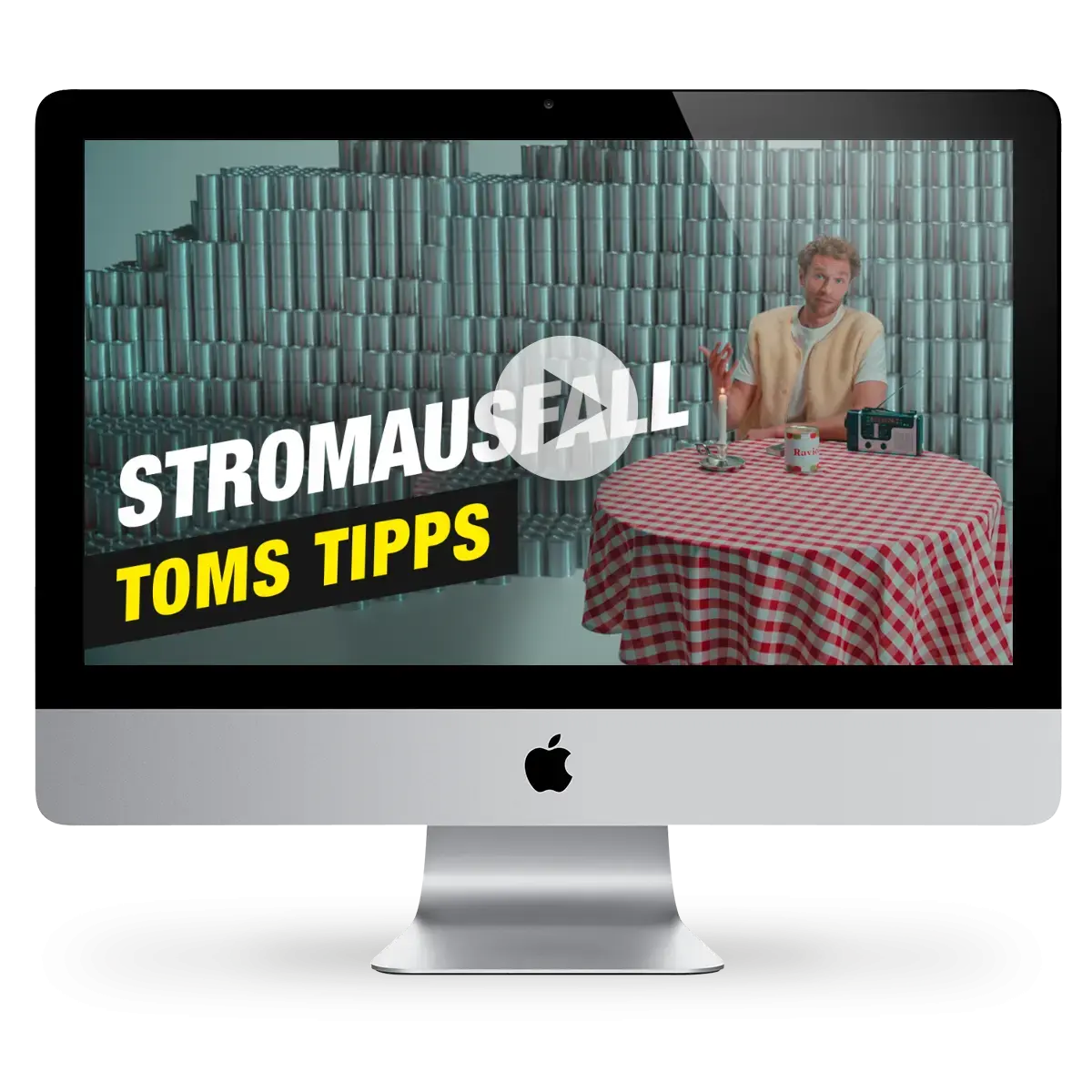 Das Bild zeigt einen Computerbildschirm mit einem Ausschnitt der Tom-Clips. Tom sitzt an einem Esstisch. Der Text besagt: Stromausfall, Toms Tipps.
