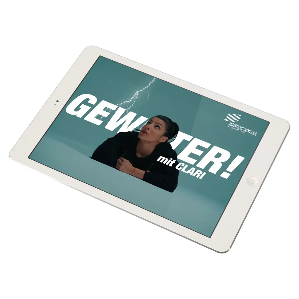Das Bild zeigt ein IPad miteinem Ausschnitt der Clari-Clips. Man sieht Clari und Blitze sowie einen Schriftzug: Gewitter! mit Clari