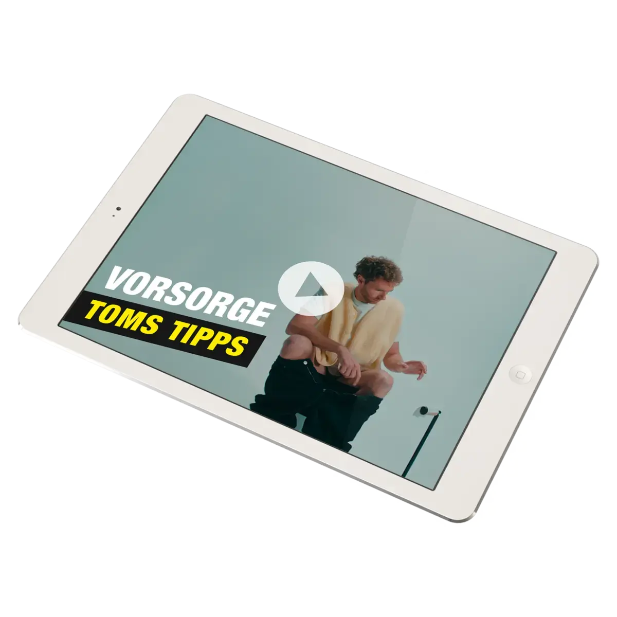 Das Bild zeigt ein IPad mit einem Ausschnitt der Tom-Clips. Tom sitzt auf dem Klo. Der Text besagt: Vorsorge, Toms Tipps.
