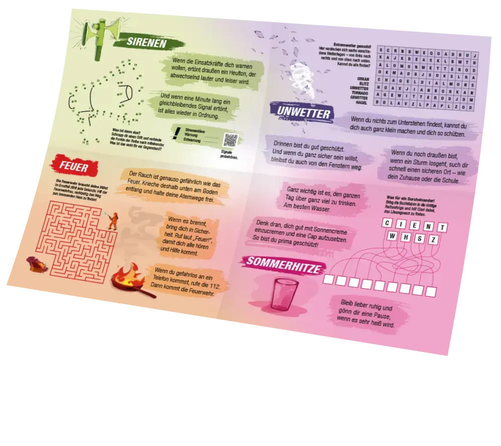 Die Rückseite des Kinderposters mit verschiedenen Rätseln.