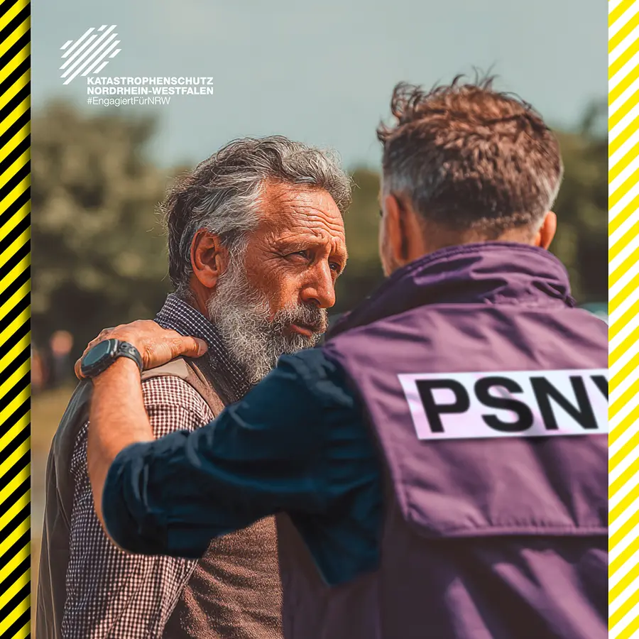 Zwei Männer. Der Mann im Vordergrund trägt eine PSNV-Weste und hat dem anderen Mann die Hand auf die Schulter gelegt.