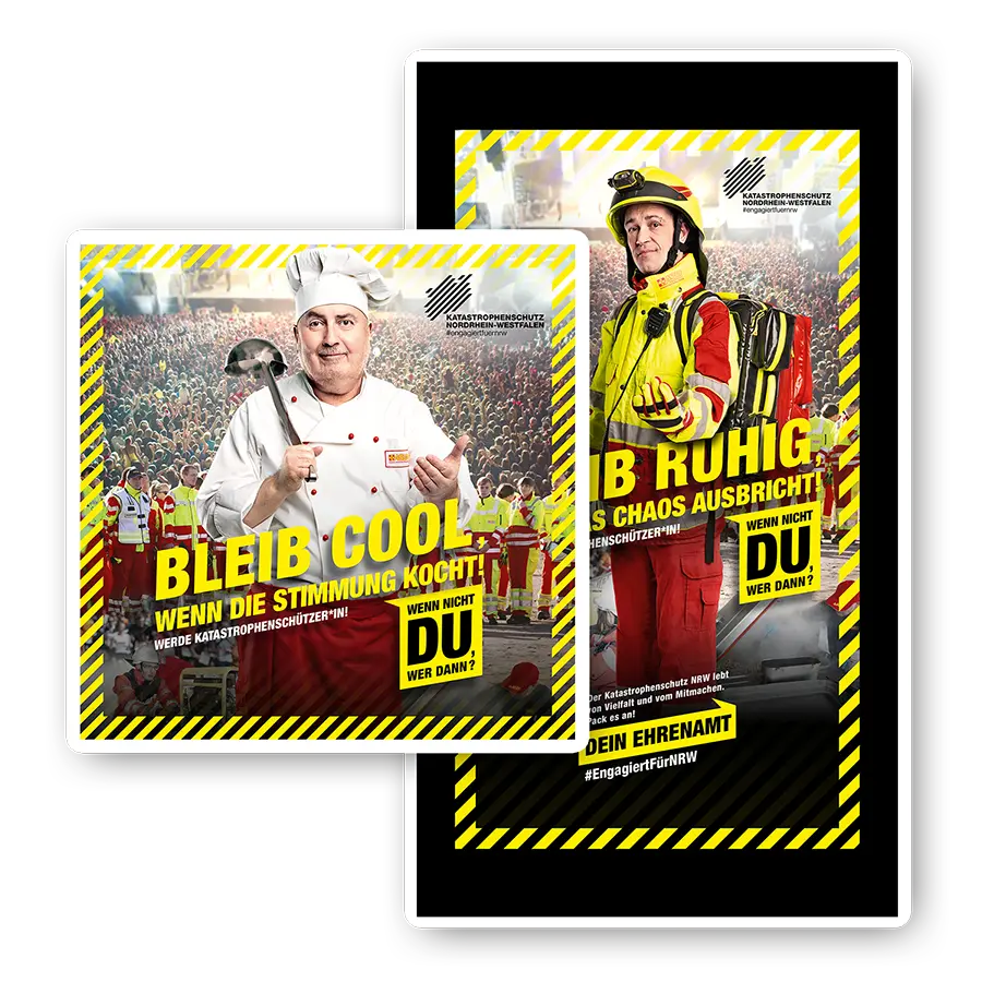 Das Bild zeigt Postingvarianten von zwei Ehrenamtlichen vom ASB.