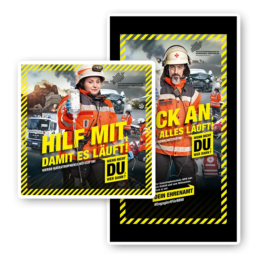 Das Bild zeigt Postingvarianten von zwei Ehrenamtlichen vom DRK.