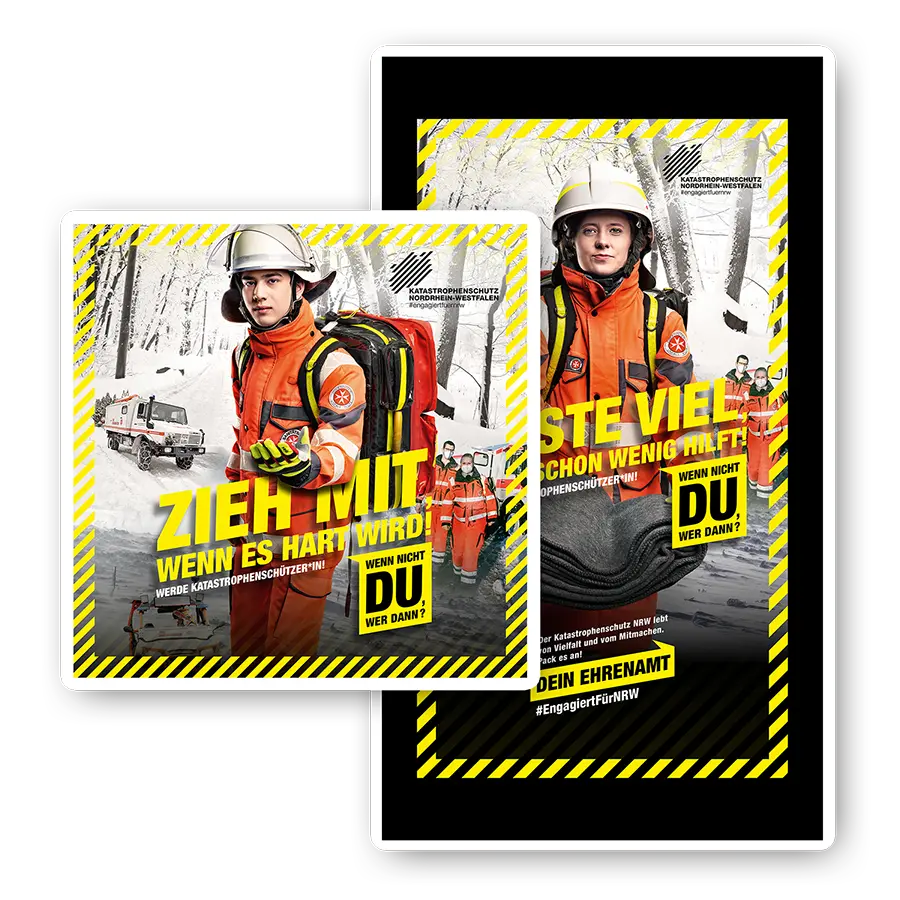 Das Bild zeigt Postingvarianten von zwei Ehrenamtlichen von der JUH.