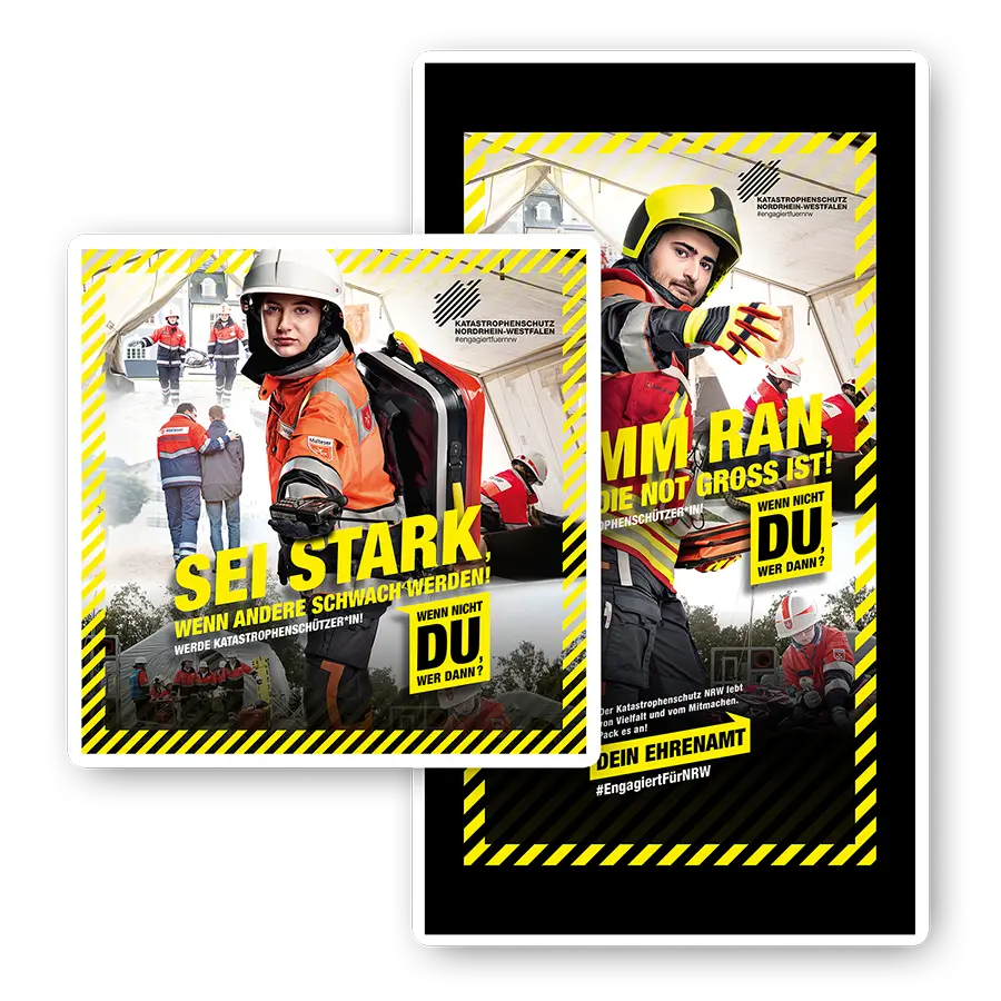 Das Bild zeigt Postingvarianten von zwei Ehrenamtlichen vom MHD.