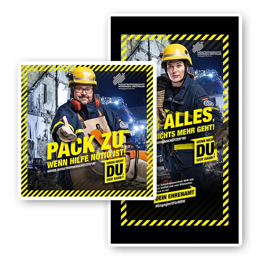 Das Bild zeigt Postingvarianten von zwei Ehrenamtlichen vom THW.