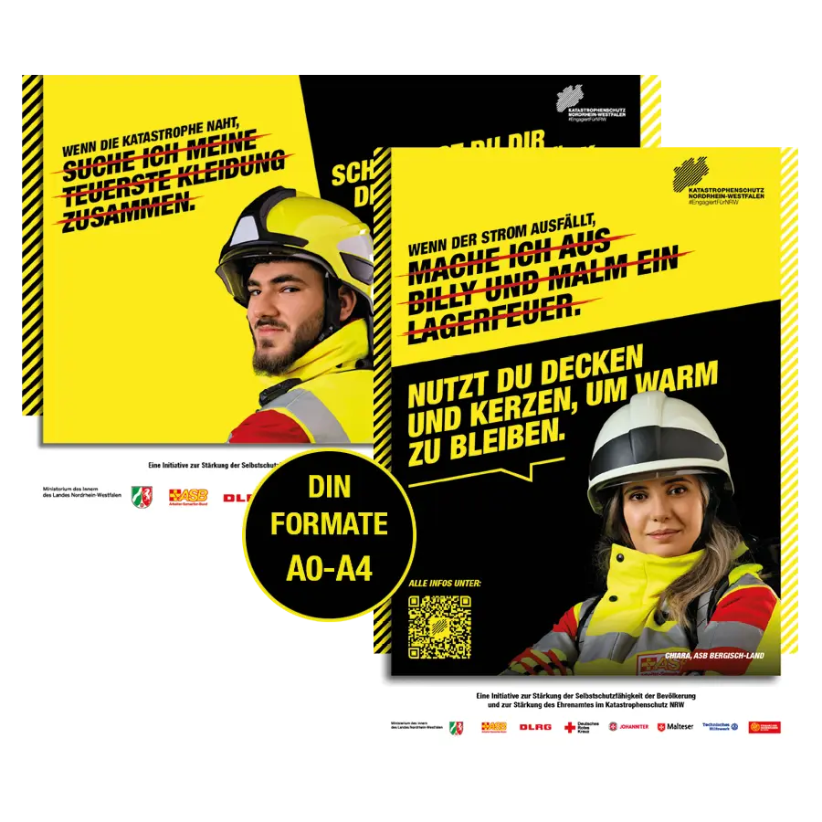 Das Bild zeigt Plakate zweier Ehrenamtlicher vom ASB, die Tipps zur Selbsthilfe geben und einen Hinweis auf die hinterlegten DIN-Formate.