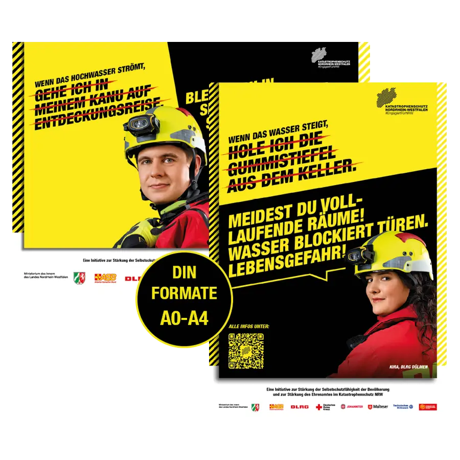 Das Bild zeigt Plakate zweier Ehrenamtlicher von der DLRG, die Tipps zur Selbsthilfe geben, und einen Hinweis auf die hinterlegten DIN-Formate.
