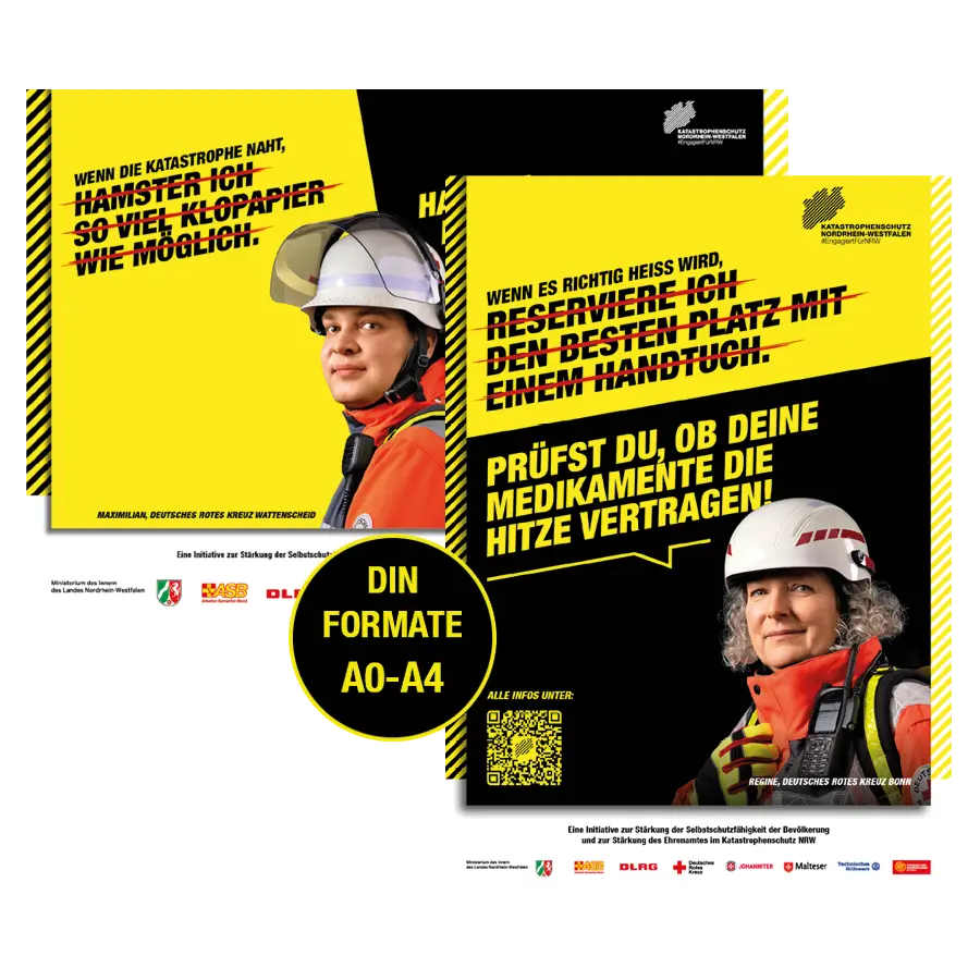Das Bild zeigt Plakate zweier Ehrenamtlicher vom DRK, die Tipps zur Selbsthilfe geben, und einen Hinweis auf die hinterlegten DIN-Formate.