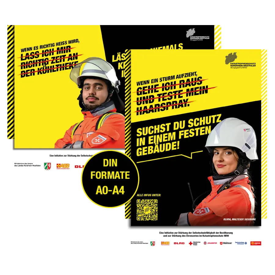 Das Bild zeigt Plakate zweier Ehrenamtlicher vom MHD, die Tipps zur Selbsthilfe geben, und einen Hinweis auf die hinterlegten DIN-Formate.