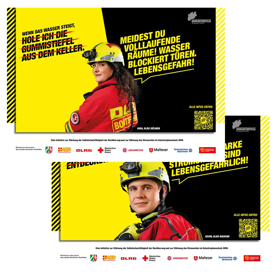 Das Bild zeigt Citystar-Plakate zweier Ehrenamtlicher von der DLRG, die Tipps zur Selbsthilfe geben.