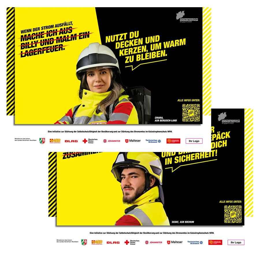 Das Bild zeigt Citystar-Plakate zweier Ehrenamtlicher vom ASB, die Tipps zur Selbsthilfe geben.