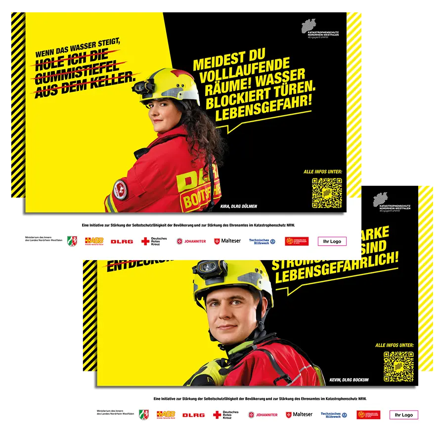 Das Bild zeigt Citystar-Plakate zweier Ehrenamtlicher von der DLRG, die Tipps zur Selbsthilfe geben.