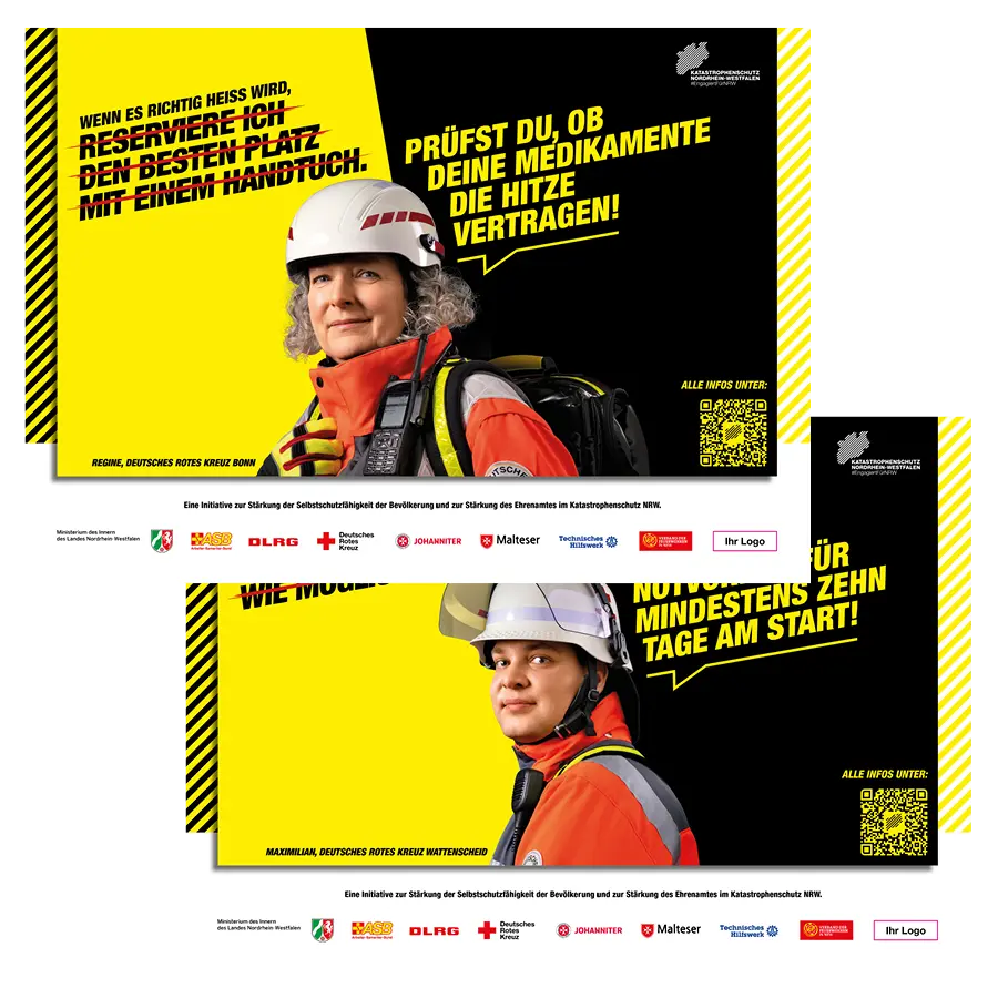 Das Bild zeigt Citystar-Plakate zweier Ehrenamtlicher vom DRK, die Tipps zur Selbsthilfe geben.
