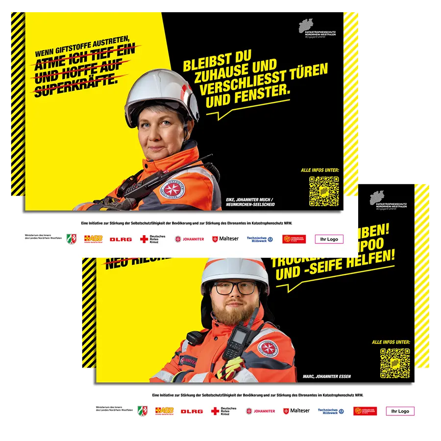 Das Bild zeigt Citystar-Plakate zweier Ehrenamtlicher von der JUH, die Tipps zur Selbsthilfe geben.