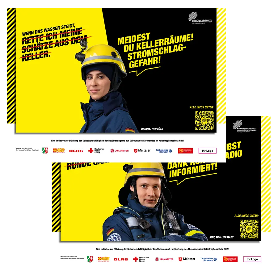 Das Bild zeigt Citystar-Plakate zweier Ehrenamtlicher vom THW, die Tipps zur Selbsthilfe geben.