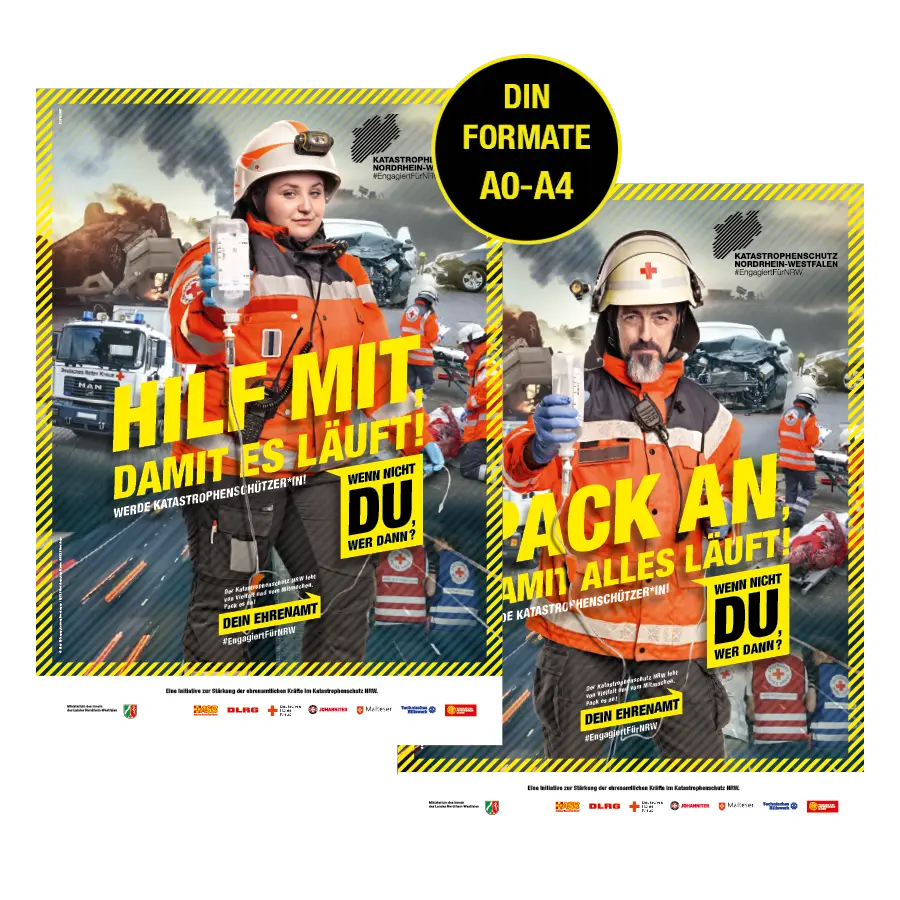 Das Bild zeigt Plakate von zwei Ehrenamtlichen vom DRK.