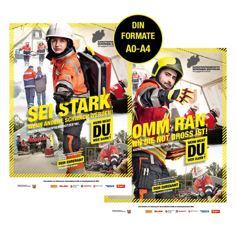 Das Bild zeigt Plakate von zwei Ehrenamtlichen vom MHD.