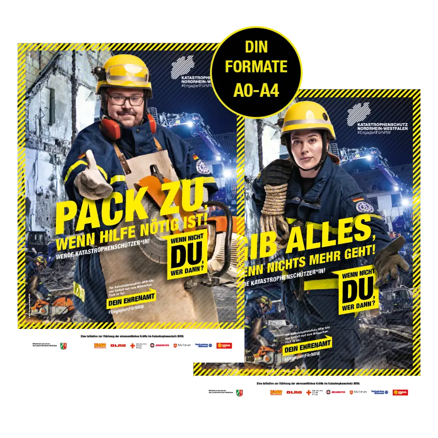 Das Bild zeigt Plakate von zwei Ehrenamtlichen vom THW.