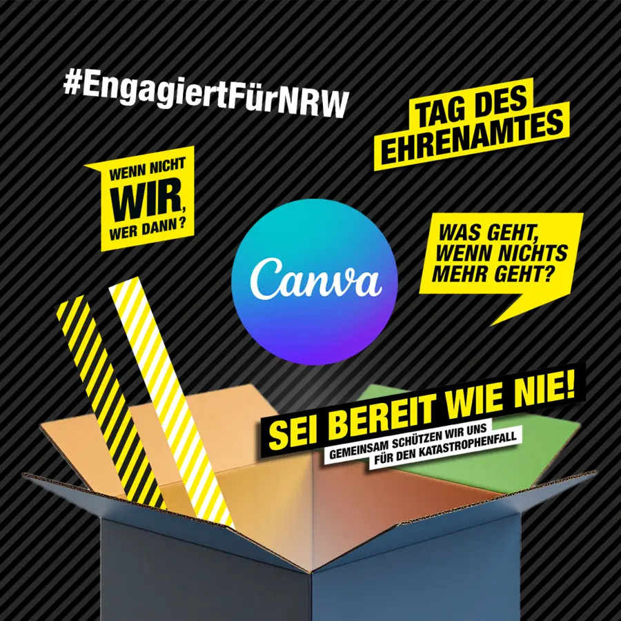 Eine Kiste über der das Canva-Logo schwebt. Um und in der Kiste sind verschiedene Logo- und Stickerelemente der Kampagne.