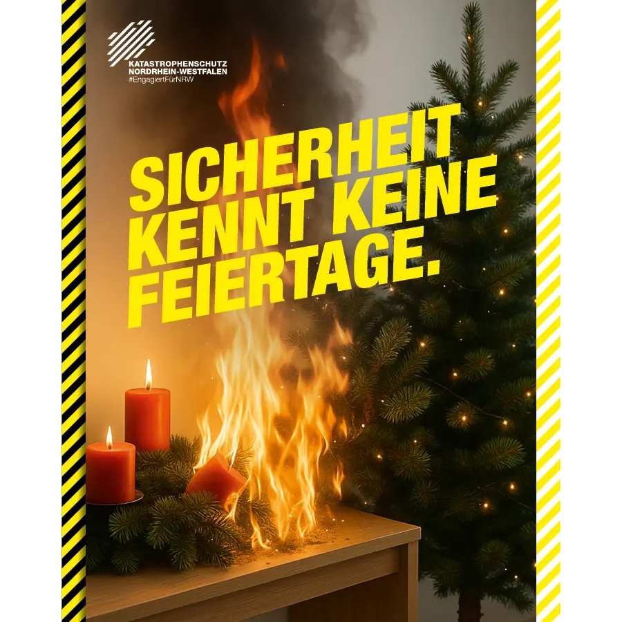 &quot;Sicherheit kennt keine Feiertage&quot; Ein Adventskranz, der in Flammen steht.