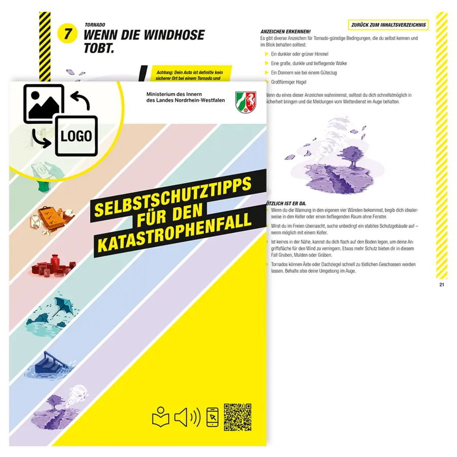 Das Bild zeigt eine Version des Selbstschutzguides, auf der mit Icons gezeigt wird, das man das Logo auf dem Cover austauschen kann.